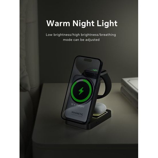 3in1 Magnetisches Kabelloses Ladegerät Faltbar mit LED Nachtlicht - Effiziente Wireless Ladestation für Smartphone, Earbuds und Smartwatch - Grau