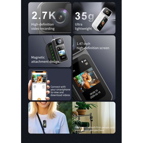Mini sportovní kamera 2.7K s otočným objektivem a magnetickým uchycením, černá