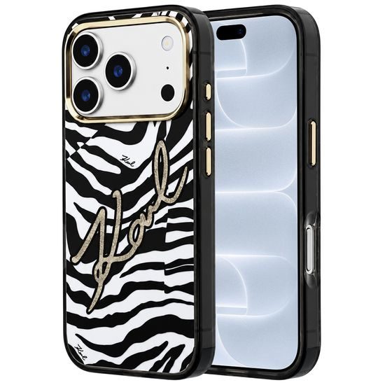 iPhone 17 Pro / 18 Pro ümbris – Karl Lagerfeld HC MagSafe IML Signature Zebra Glitter Gold – must