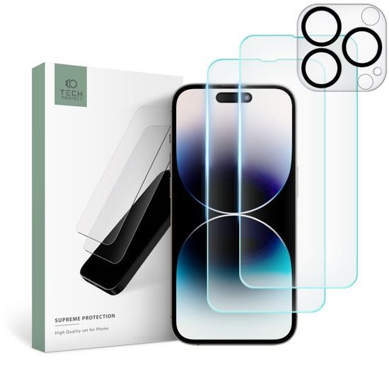 Set Tech-Protect Supreme, 2 folii de sticlă securizată + folie pentru lentilă, iPhone 14 Pro Max