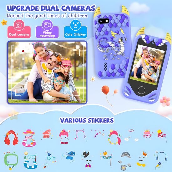 Έξυπνο τηλέφωνο για παιδιά με παιχνίδια, MP3, διπλή κάμερα και οθόνη αφής, μωβ δράκος
