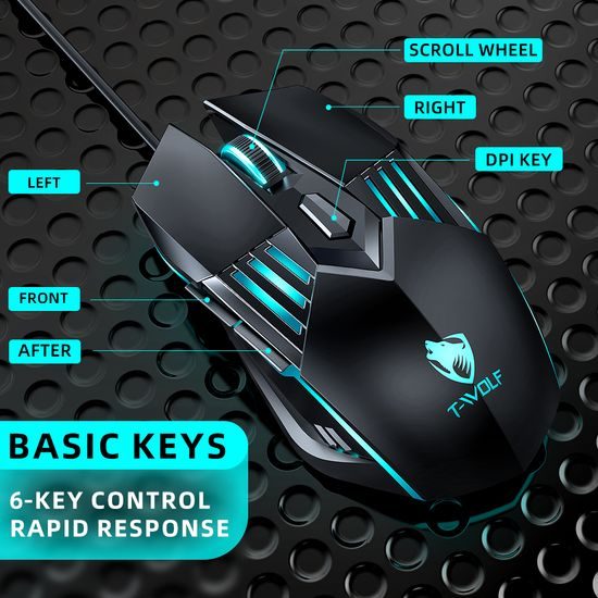 Gamingowa mysz RGB T-WOLF G560, 6 przycisków, regulowane DPI do 3600, podświetlenie, oplotiony kabel