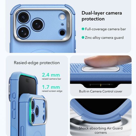 iPhone 17 Pro Max / 18 Pro Max vāciņš – ESR Cyber Armor Kickstand ar statīvu – gaiši zils