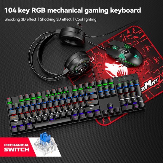 T-WOLF TF700 Gaming Set 4in1 - RGB Tastatur mit Mechanical Feel + Gaming Maus + Headset + Mauspad