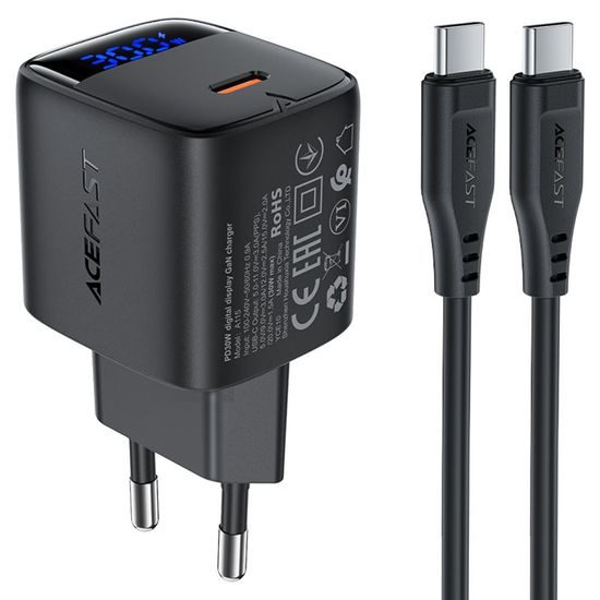 Acefast oplader A115 med digitalt display, GaN, PD 30W, USB-C + USB-C kabel, 1,2 m, sort