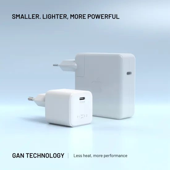 FIXED Mini GaN hálózati töltő, USB-C, PD 65W USB-C - USB-C kábellel, 2 m, fehér