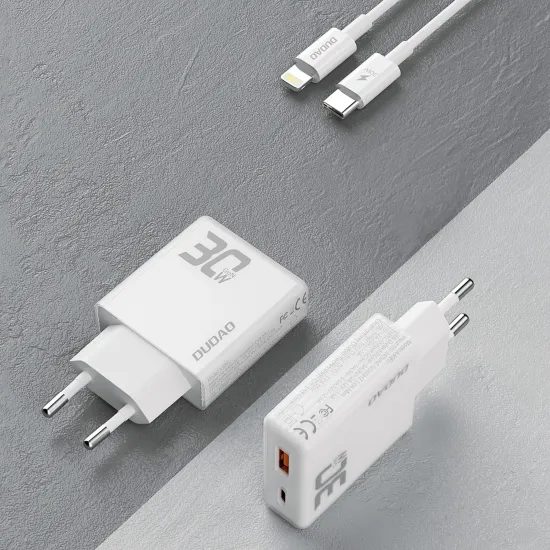 Dudao GaN Φορτιστής 30W USB / USB-C + Καλώδιο USB-C - Lightning, A30EU, Λευκό