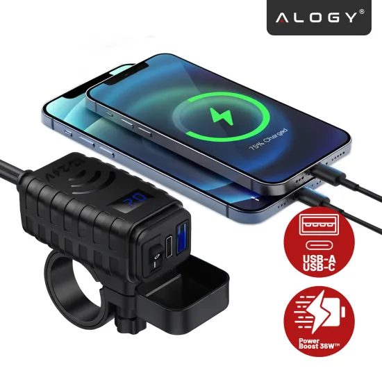 Alogy MotoCharge Pro™ 36W Motorrad Ladegerät mit Display - USB-A + USB-C - 36W PD + QC 3.0 - Schwarz