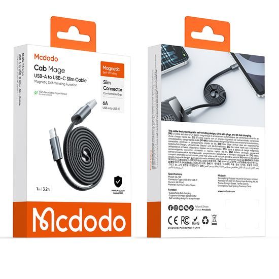 Mcdodo Self-Winding Datenkabel (CA-1200) USB auf USB-C - Selbstaufwickelndes Ladekabel - 1m - Schwarz