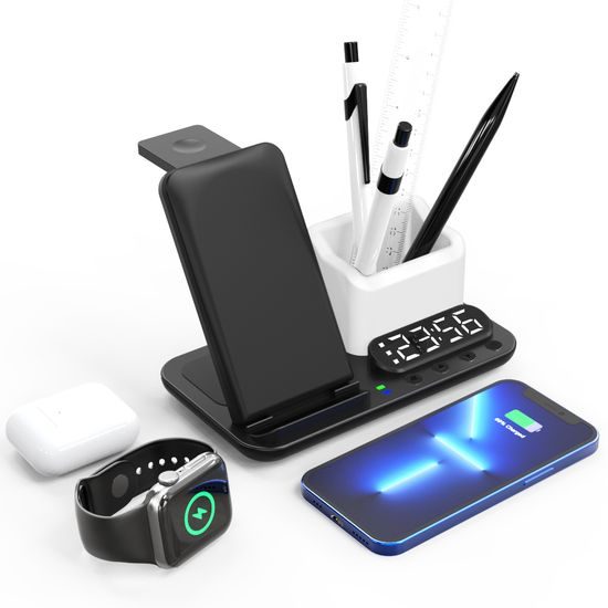 DeskCharge Station Pro Πολυλειτουργικός σταθμός ασύρματης φόρτισης 5 σε 1 με ρολόι και οργανωτή, μαύρο