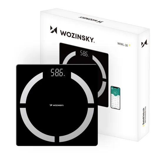 Wozinsky WIWL-30 Smarte Bluetooth Körperwaage mit 12 Körperanalyse-Funktionen und LED-Display - Schwarz
