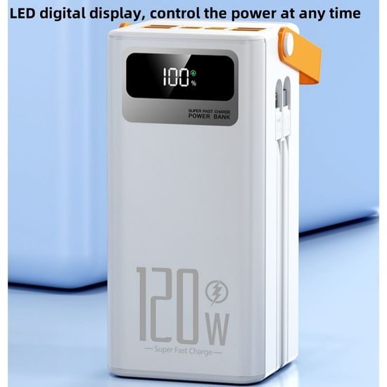 Powerbank 80.000 mAh, 120W PD + QC, 4 USB + 2 Kabel, LED-Licht, weiß