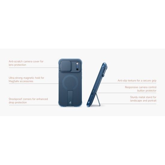 Husă Suritch AirBounce Bumper MagSafe cu Suport și Protecție Cameră, iPhone 17 Pro Max / 18 Pro Max, albastru deschis