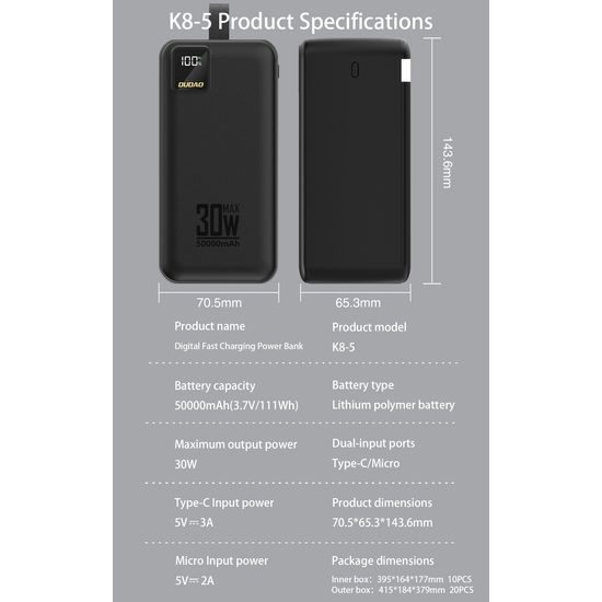 Dudao K8-5 powerbanka 50000mAh 30W – melna