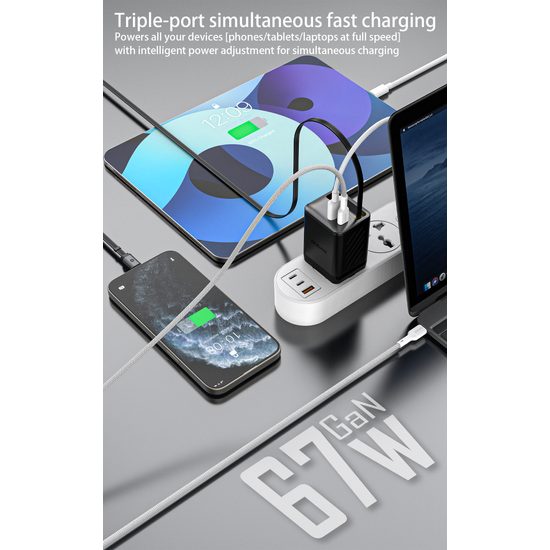 Dudao A67EU lādētājs ar iebūvētu izvelkamu USB-C kabeli GaN 67W PD – melns
