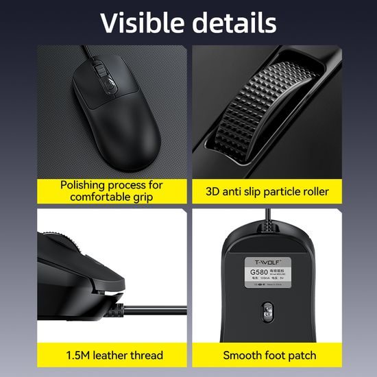 Bedrade Muis T-WOLF G580, 1000 DPI, Ergonomisch, Stille Werking, USB (Kantoor)