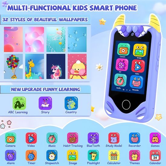 Έξυπνο τηλέφωνο για παιδιά με παιχνίδια, MP3, διπλή κάμερα και οθόνη αφής, μωβ δράκος