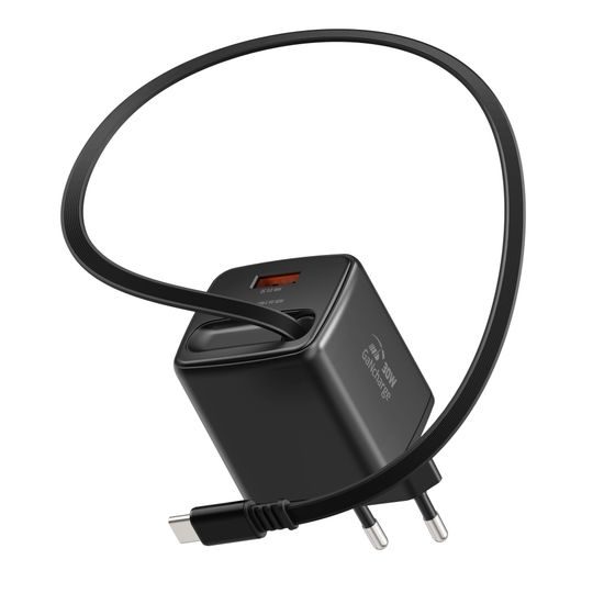 Swissten SlideCharge adapter sisseehitatud väljatõmmatava USB-C kaabliga GaN 30W 1x USB-A 18W – must
