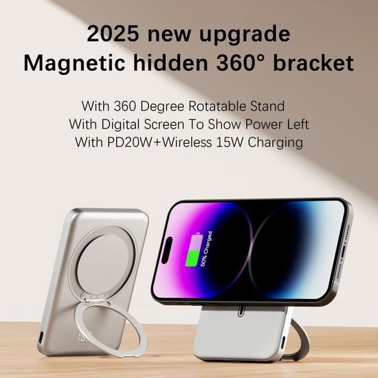 UltraThin MagSafe Power Bank 10000 mAh с въртяща се поставка, PD20W + 15W безжично, сребристо-сива