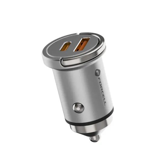 Forcell F-Energy Mini Φορτιστής Αυτοκινήτου USB-C + USB A, QC 3.0 30W, Ασημί