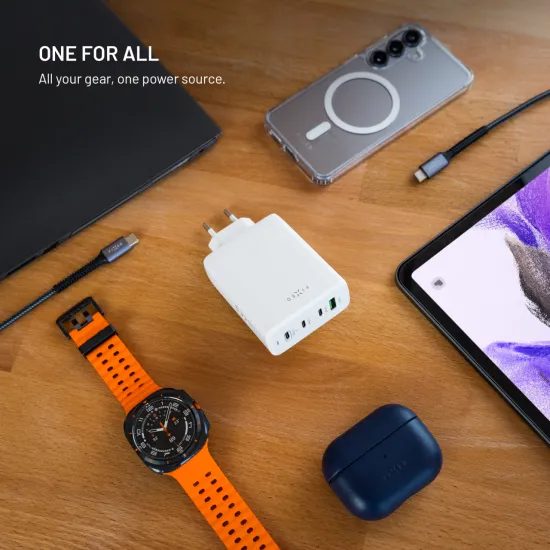 FIXED GaN hálózati töltő, 3x USB-C + USB, PD 3.0, 120W, fehér