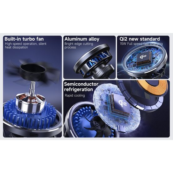 Kühlender MagSafe Qi2 Halter mit kabellosem Laden für Autolüftung, mit RGB wählbarer Beleuchtung, 15W, rund, schwarz