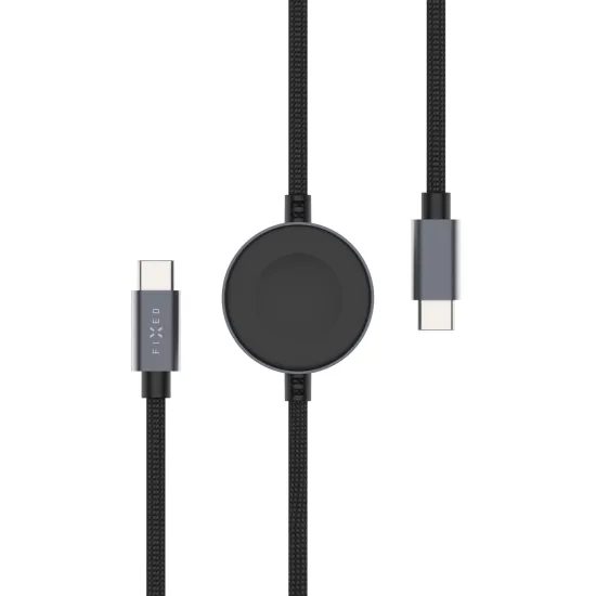 Fonott kábel FIXED Power Watch Cable USB-C - USB-C töltővel Apple / Samsung Watch-hoz, PD 60W, 1,5 m, szürke