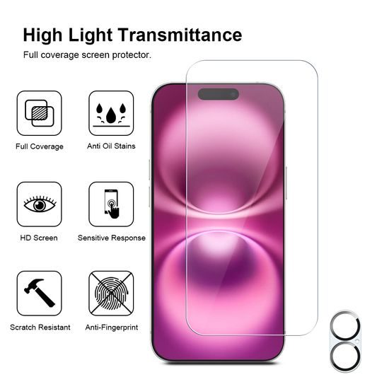 JP Mega Pack Szkło hartowane, 3 szkła na telefon z aplikatorem + 2 szkła na obiektyw, iPhone 16
