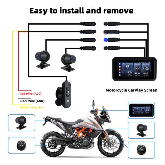 Wyświetlacz motocyklowy 6,25" z bezprzewodowym Apple CarPlay, Android Auto, kamerami DVR i TPMS