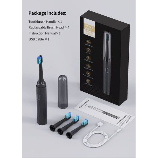 Sonická elektrická zubná kefka so sadou 4 hlavíc a cestovným puzdrom, 5 režimov, 30 000 vibrácií/min, čierna