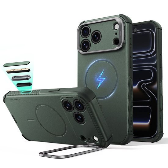 iPhone 17 Pro / 18 Pro vāciņš – ESR Cyber Armor Kickstand ar statīvu – zaļš