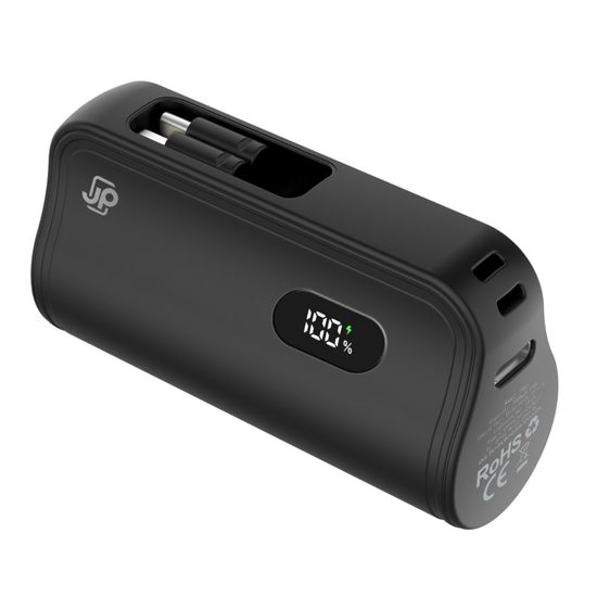 JP Powerbanka PlugOn με ενσωματωμένο σύνδεσμο USB-C και Lightning, 5000 mAh, PD 20W, μαύρο