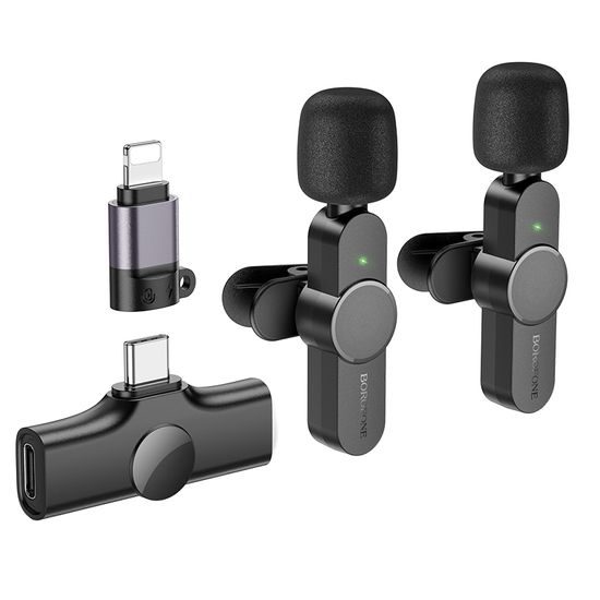 Borofone BFK12 Trophy 2 kosa brezžičnih mikrofonov za kravate, USB-C/žarometi, črna