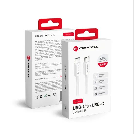 Forcell καλώδιο USB-C - USB-C, QC4.0, 5A/20V, PD100W, C339, 2 μ, λευκό