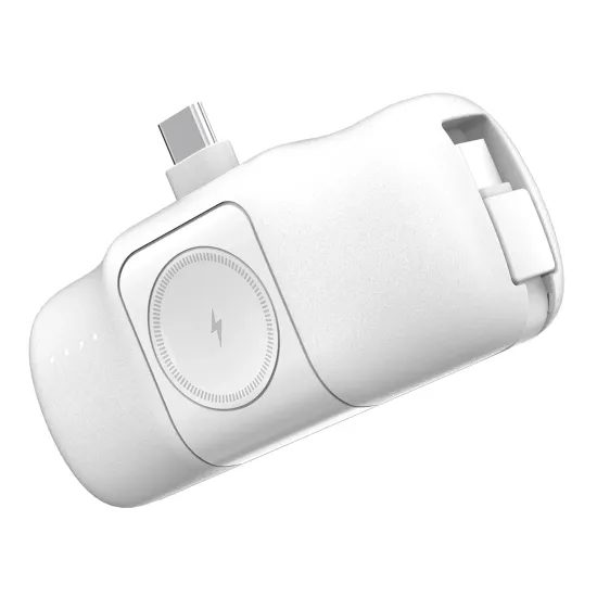 Wozinsky WF16-YCS 15W Mini Powerbank 5000mAh - met Geïntegreerde USB-C Kabel + Apple Watch Oplader - Wit