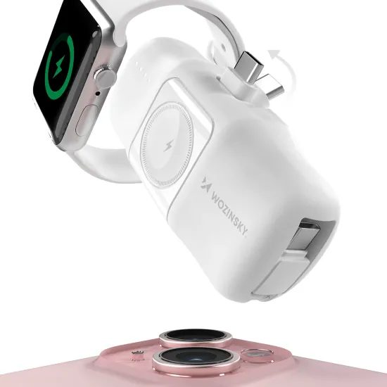 Wozinsky WF16-YCS 15W Mini Powerbank 5000mAh - met Geïntegreerde USB-C Kabel + Apple Watch Oplader - Wit