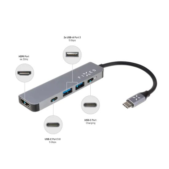 Alumínium USB-C elosztó FIXED HUB Mini, 5 port, notebookokhoz és táblagépekhez, szürke