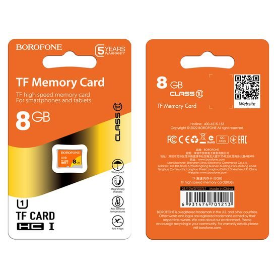 Borofone Class10 Paměťová karta MicroSD, 8GB, SDHC, 75MB/s