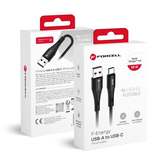 Cablu Forcell F-Energy USB A - USB-C, QC4.0, 3A, 66W, 1 m, negru