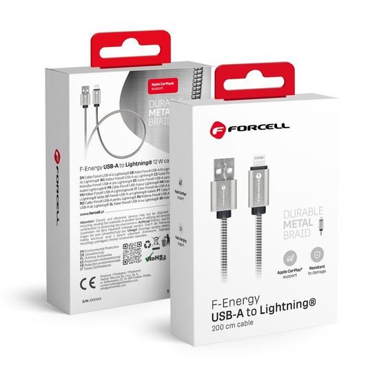 Καλώδιο Forcell F-Energy USB A - Lightning, 2,4A, 12W, 2 m, ασημί