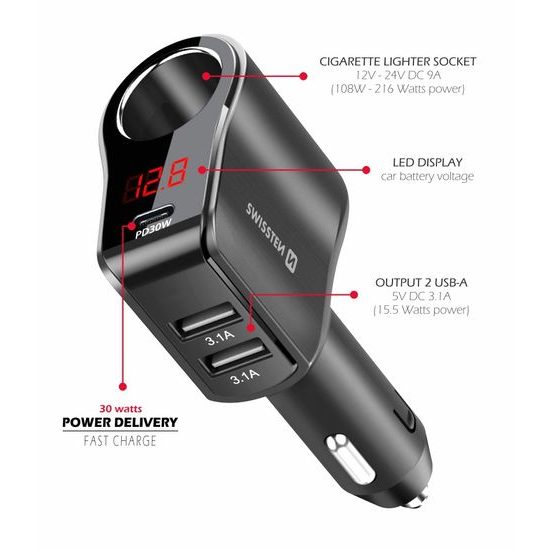 Swissten Autolader met 1x CL, 1x USB-C PD en 2x USB-A - 108W - 216W