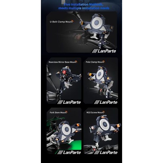 LanParte UBA-MC Motorrad Handyhalterung mit 15W kabellosem Laden - Smartphone Halterung mit Vibrationsdämpfung