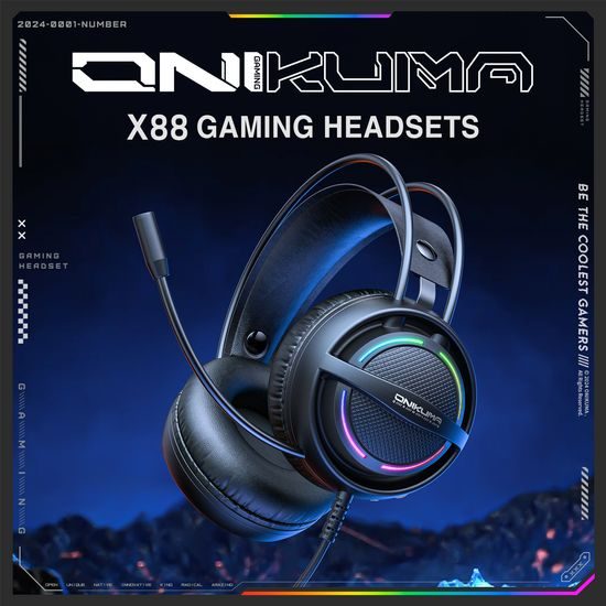 Onikkuma X88 Gaming slušalice s mikrofonom, RGB osvjetljenje, crne