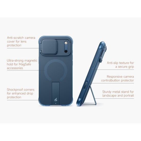 Husă Suritch AirBounce Bumper MagSafe cu Suport și Protecție Cameră, iPhone 17 Pro Max / 18 Pro Max, albastru deschis