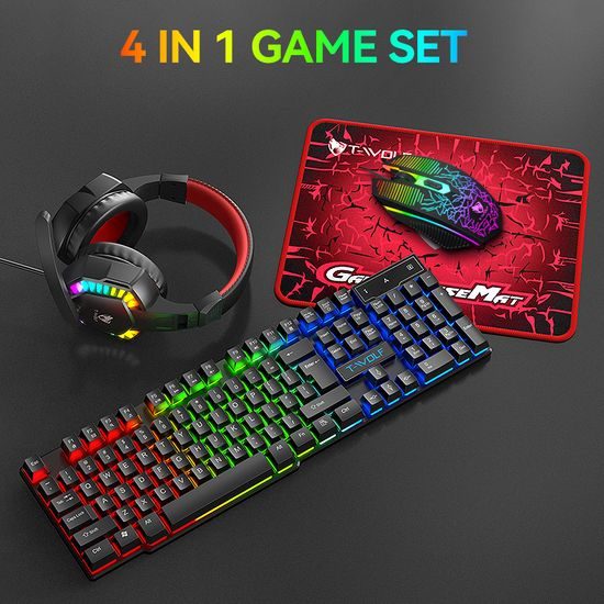 T-WOLF TF810 RGB Gaming Set 4in1 - Gaming Tastatur + Maus + Headset + Mauspad - Komplettes Gaming Setup