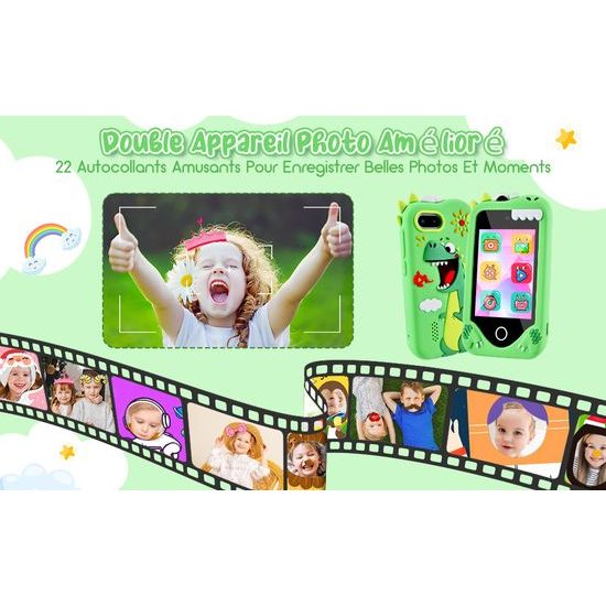 Έξυπνο τηλέφωνο για παιδιά με παιχνίδια, MP3, διπλή κάμερα και οθόνη αφής, πράσινος δεινόσαυρος