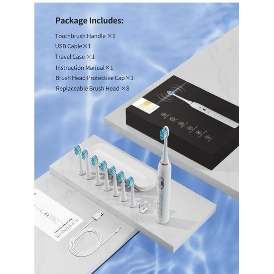 Ηλεκτρική οδοντόβουρτσα Sonic με σετ 8 κεφαλών, 42.000 δονήσεις/λεπτό, 5 λειτουργίες, λευκή