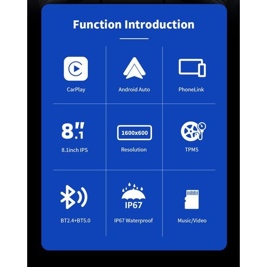 Motocyklowy wyświetlacz IPS 8,1" z bezprzewodowym Apple CarPlay i Android Auto