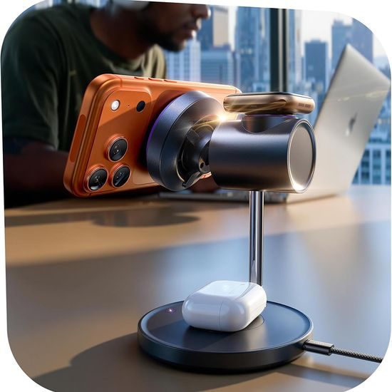 Lisen W120 Kabellose Ladestation 3-in-1 für Smartphone, Apple Watch & AirPods - Qi2.2 - 25W - Aktive Kühlung - Schwarz