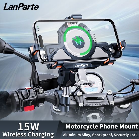 LanParte UBA-MC Motorrad Handyhalterung mit 15W kabellosem Laden - Smartphone Halterung mit Vibrationsdämpfung
